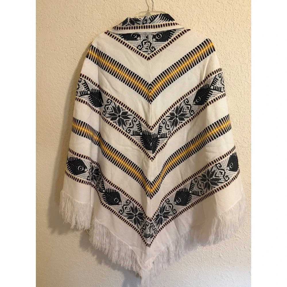 Vintage‎ Style Geometric Fish Print Fringe Poncho Wrap White Black Ochre OS